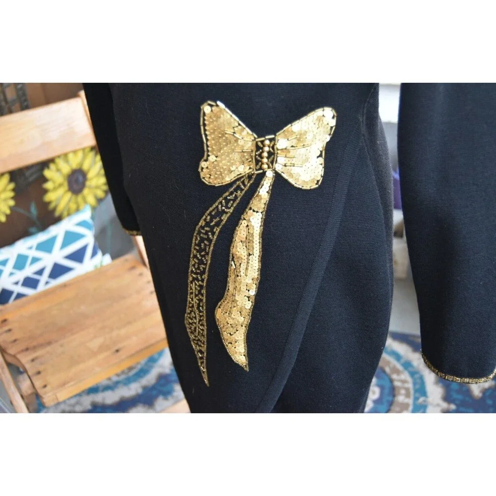 Vtg 70s Wool Dress Gold Sequin Bow, Black, Warren Knits Marisa Christina, Medium